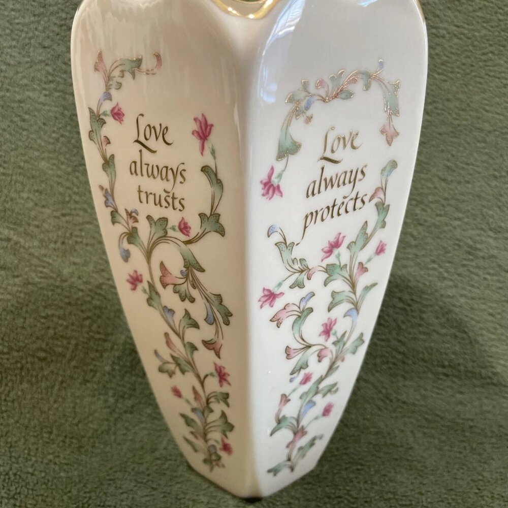 Lenox Porcelain Vase 5 sided "Love Never Fails, Always Hopes..." Floral Gold Rim